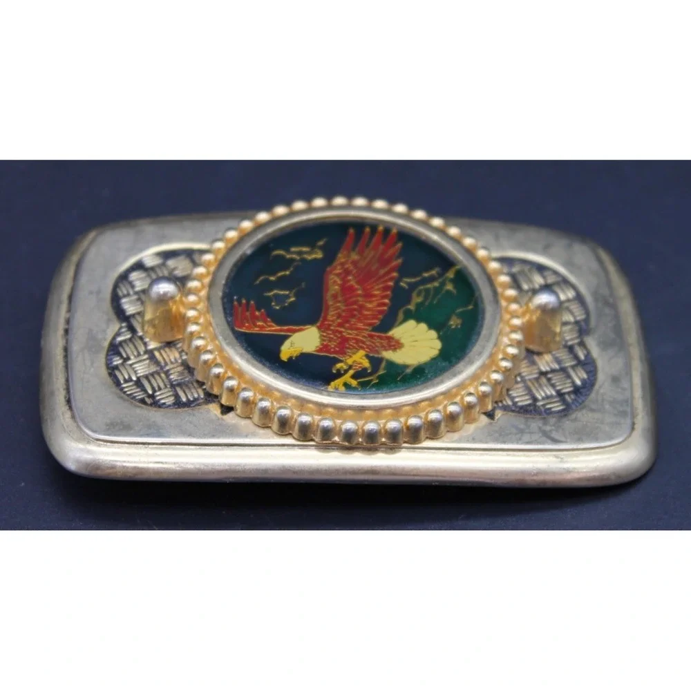 Vintage Brass Rectangle Belt Buckle Enamel Eagle Emblem Made in USA